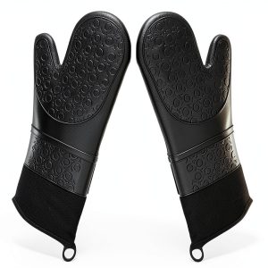 Long Professional Silicone Oven Mitts with Quilted Liner, Durable Heat Resistant Oven Gloves, Heat Resistant Oven Gloves,2pcs (Black, 14.2inch)-0