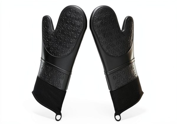 Long Professional Silicone Oven Mitts with Quilted Liner, Durable Heat Resistant Oven Gloves, Heat Resistant Oven Gloves,2pcs (Black, 14.2inch)-0