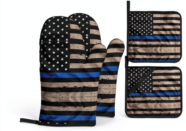 Thin Blue Line Flag Print Oven Mitts 4 Pack Black Ghjkfbf Gloves-0