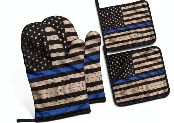Thin Blue Line Flag Print Oven Mitts 4 Pack Black Ghjkfbf Gloves-1