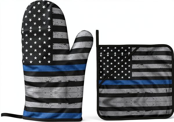 Thin Blue Line Flag Print Oven Mitts 4 Pack Black Ghjkfbf Gloves-8