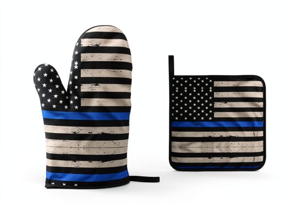 Thin Blue Line Flag Print Oven Mitts 4 Pack Black Ghjkfbf Gloves-3