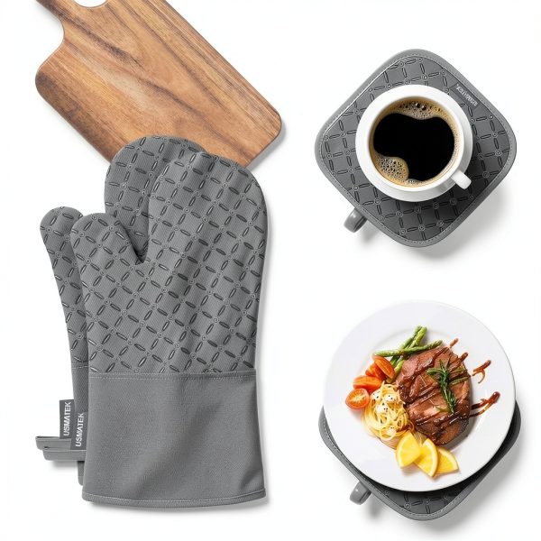 Oven Mitts Set USMATEK 6‑Piece Heat‑Resistant Silicone Gloves &-1