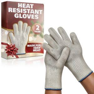 2 Pairs Heat Resistant Gloves for Grilling - 9.5 Inch Durable Aramid Oven Gloves with Fingers - Full Hand Protection, Functionality, Easy to Use, Multipurpose for Baking, Roasting, Frying, and More-0